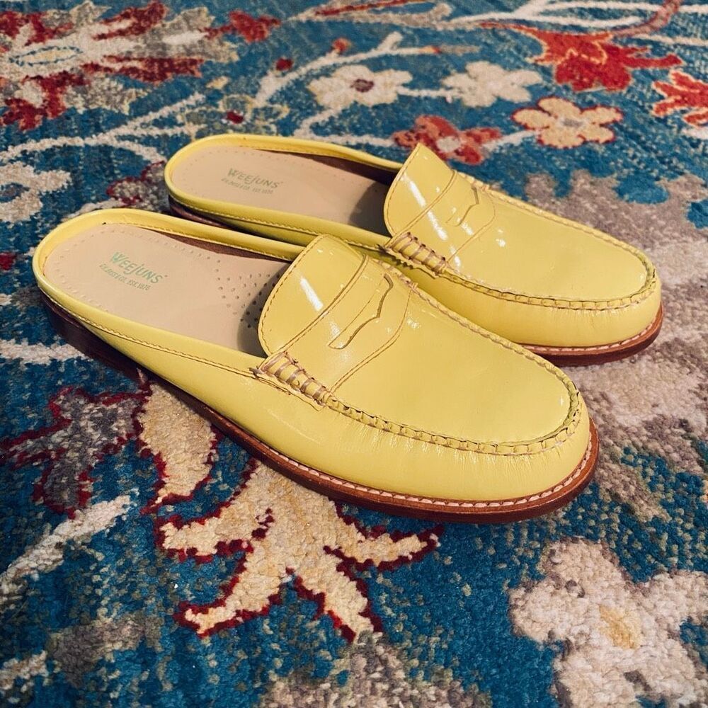 Ladies Lemon Yellow Patent Leather Bass Slides Mules 8